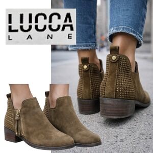 Lucca Lane, Syann Suede Studded Ankle Boots Brown Side Zip‎ Women Size 6.5
